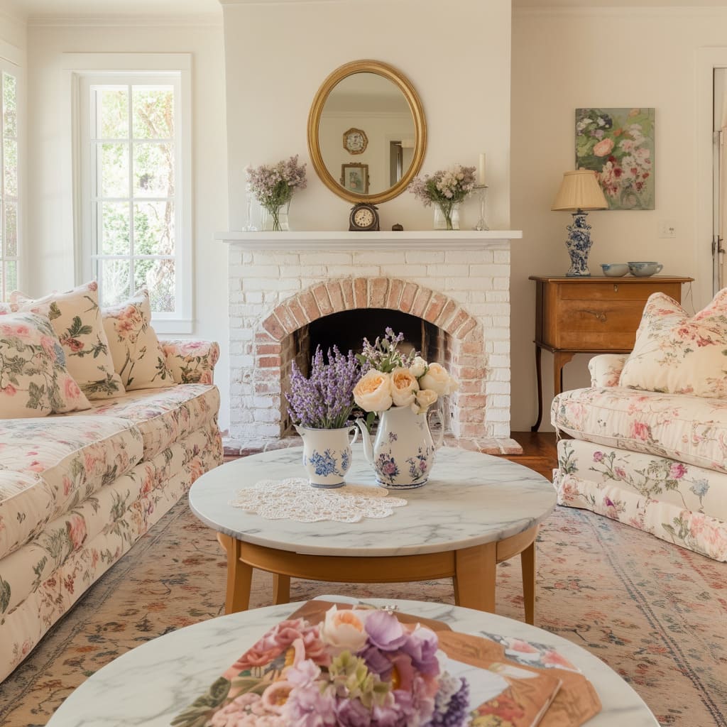 Very Pale Peach Painted Brick Fireplace with Marble Mantle and Floral Decor in a French Country Cottage.jpg