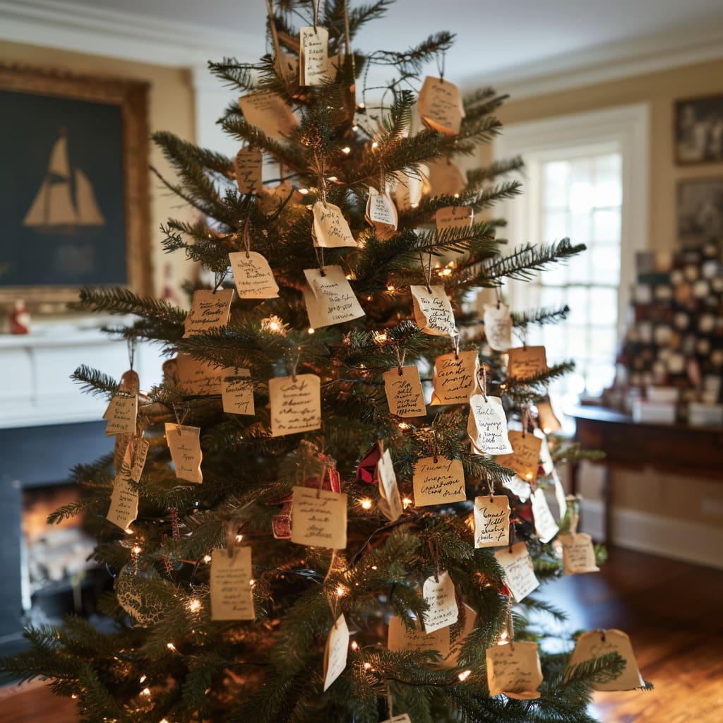 handwritten holiday gift tags attached to the branches as Xmas tree decorations.jpg