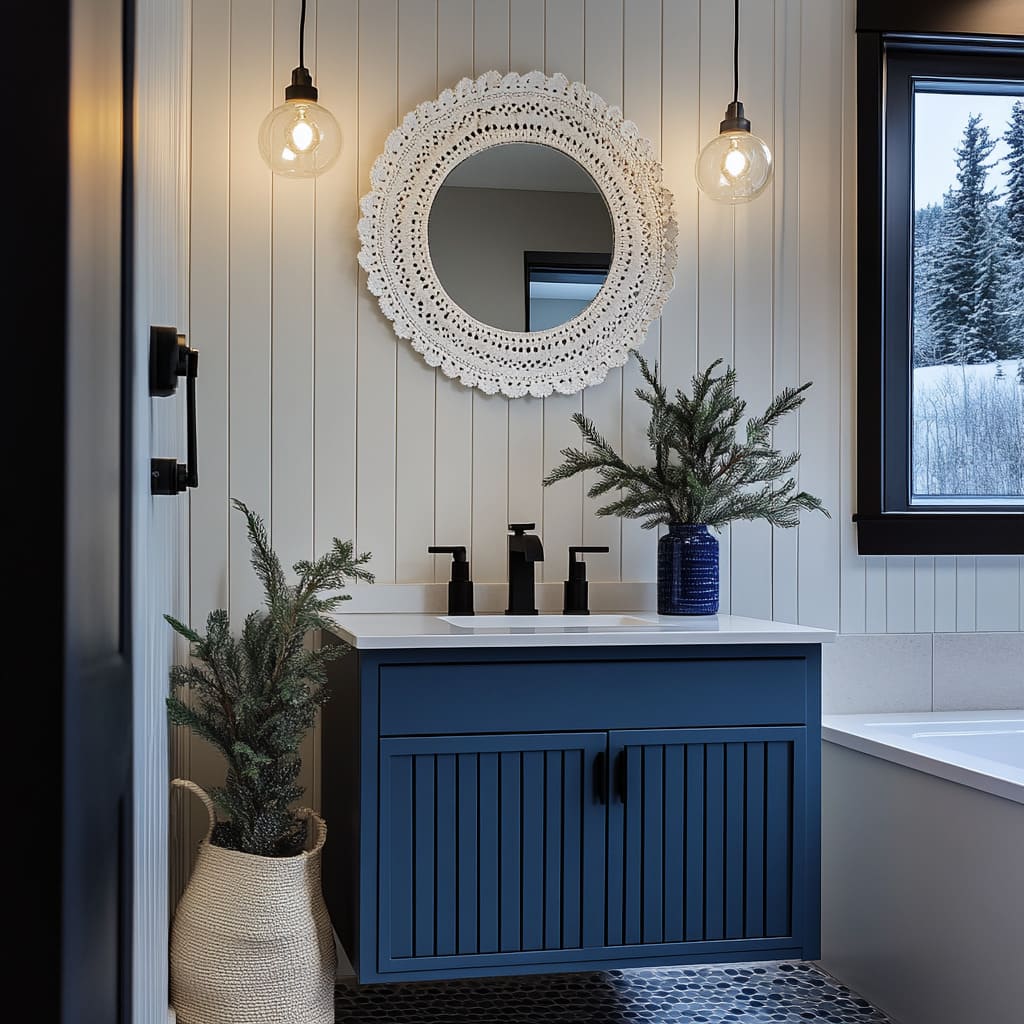 A crocheted lace mirror frame takes center stage as Christmas decorating ideas, offering intricate texture and elegance