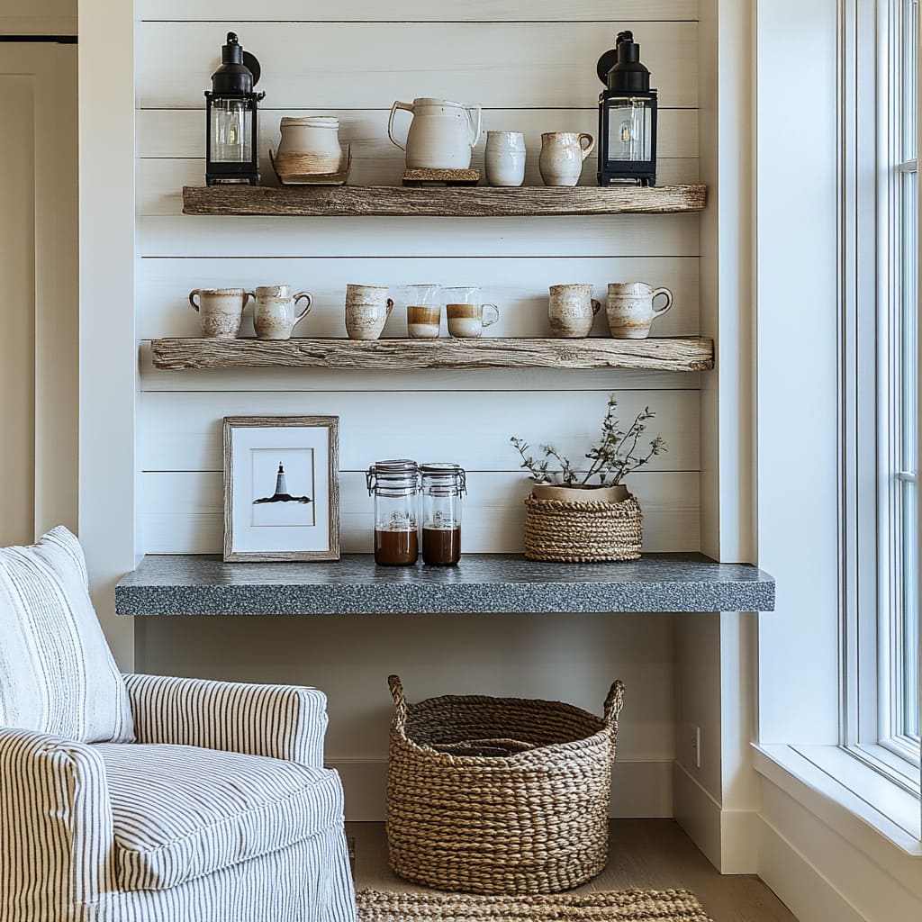 In this delightful coffee cabinet, vintage touches and soft colors create a timeless appeal