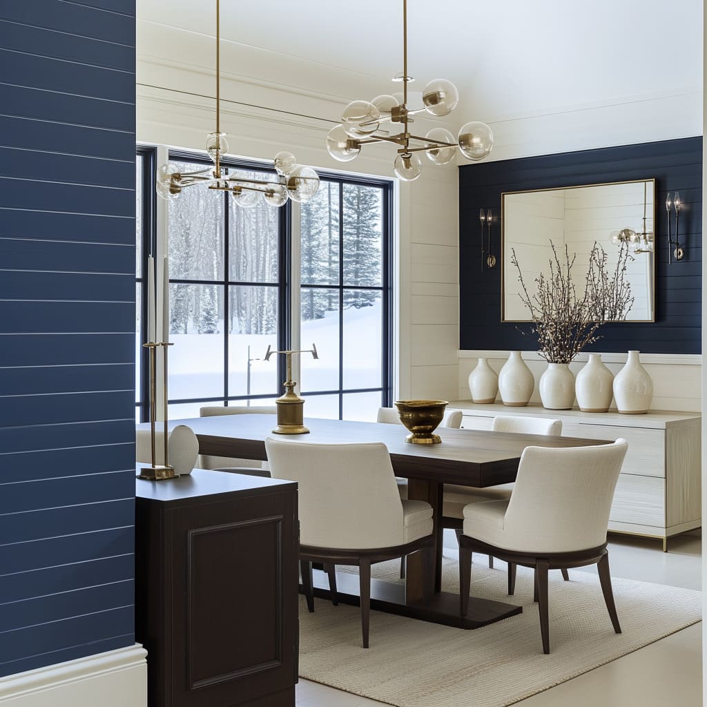 In this harmonious dining space, distressed wall panels and vintage-style furniture complement each other.