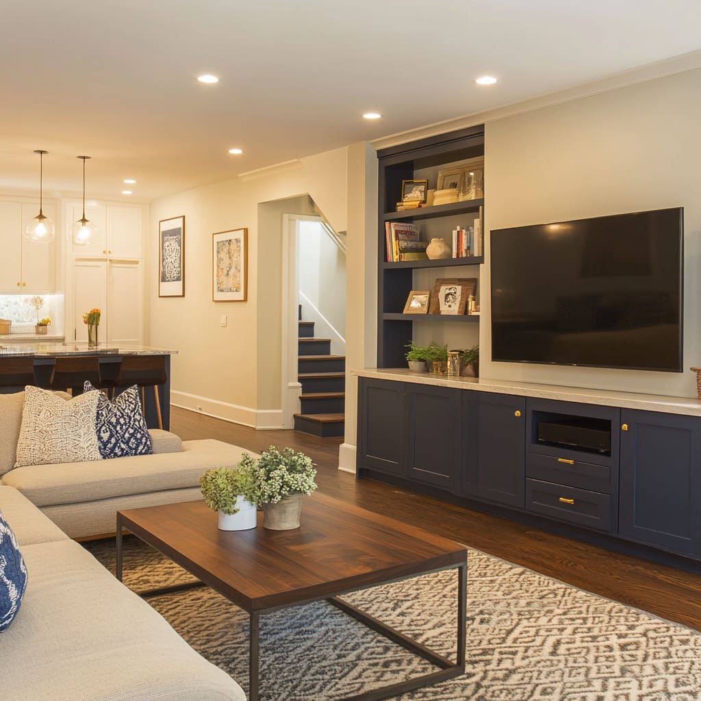 This sophisticated split-level conversation area uses open shelving and sleek furnishings to maintain a contemporary feel.jpg