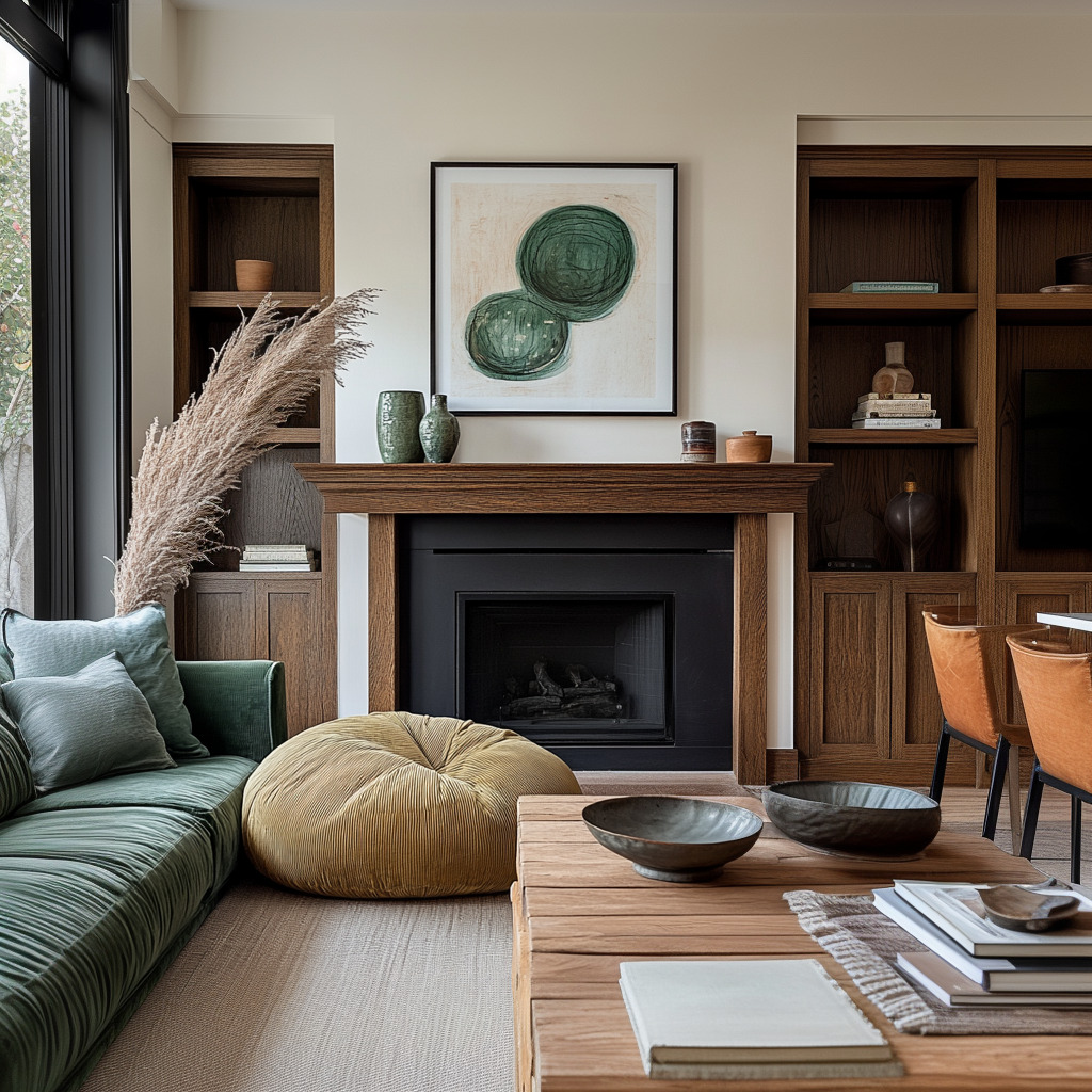 A plush green sofa takes center stage, paired with a mustard-hued pouf for a contrasting pop of color