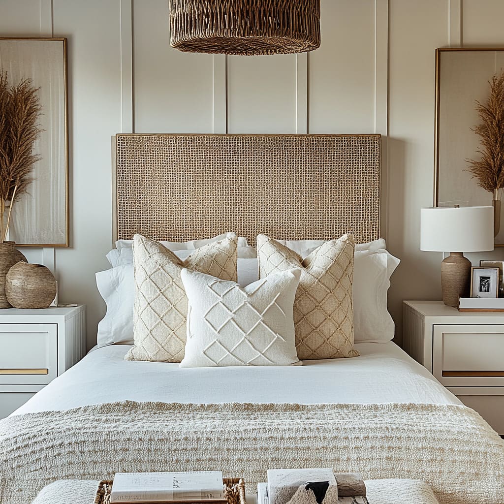 In this design, rustic elements are seamlessly integrated with elegant features to create a refined yet approachable bedroom