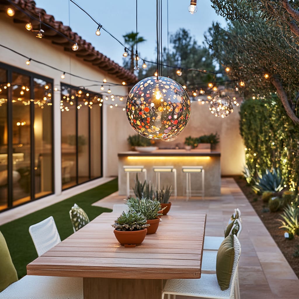 The string lighting takes center stage with colorful mosaic globes suspended above the table
