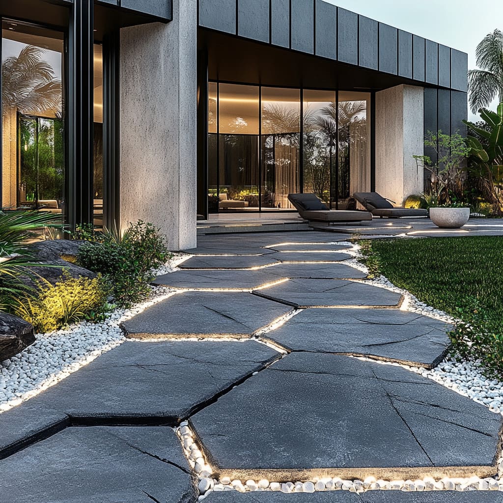 This amazing patio design incorporates large hexagonal tiles arranged in a staggered pathway leading to the house