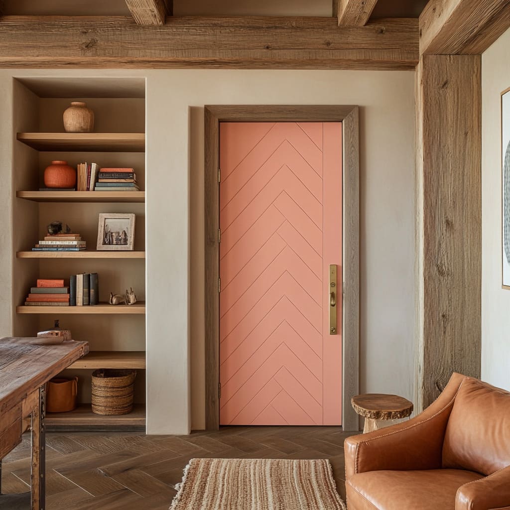 A dusty coral chevron-patterned door is set within a rustic interior, blending bold color with natural textures