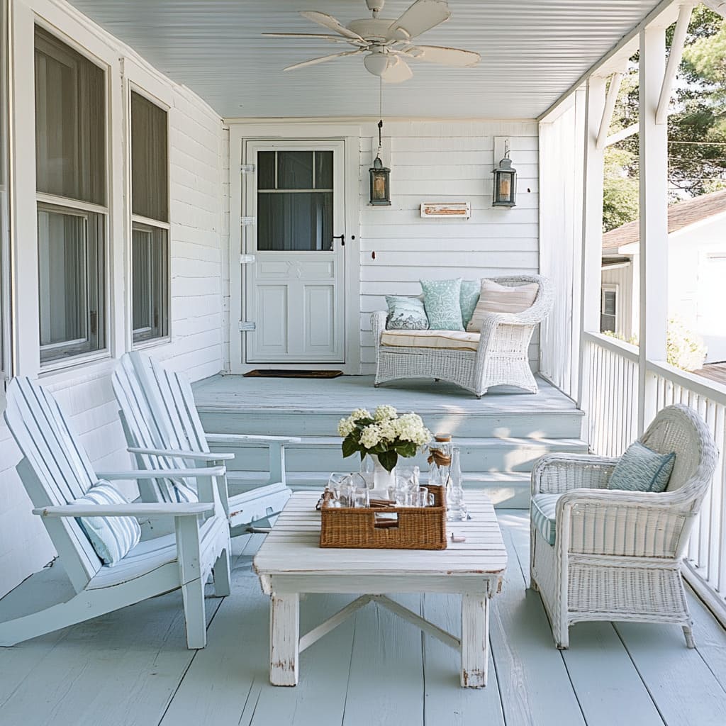 A quintessential coastal cottage porch embodies charm and warmth, blending classic white architecture, vintage-style furnishings, and a serene blue color palette