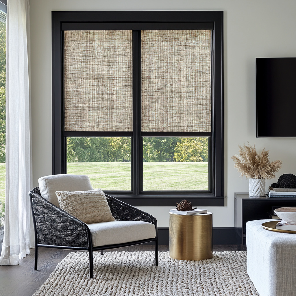 The home lounge room's minimalist decor allows the blinds' subtle texture and functionality to take center stage