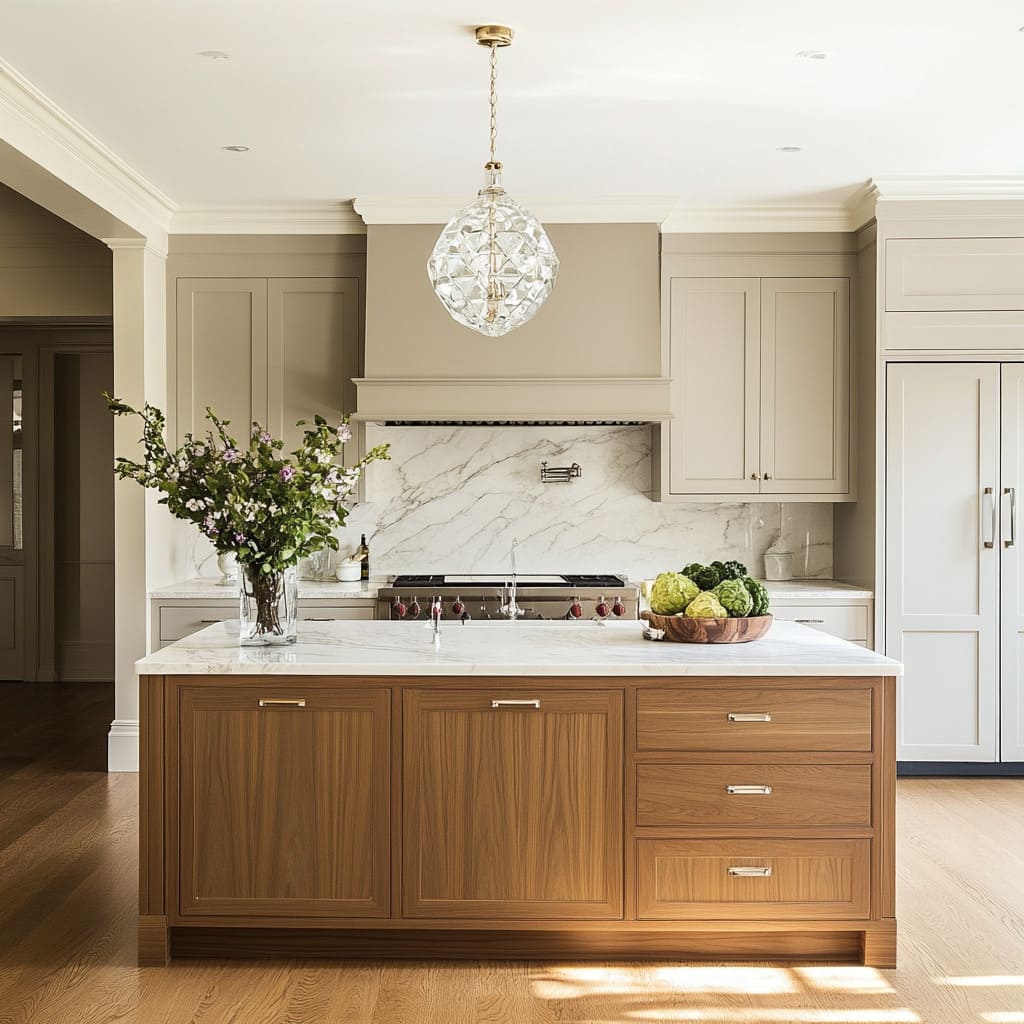 The large crystal chandelier, with its cascading design, takes center stage, providing a glamorous focal point while complementing the color scheme