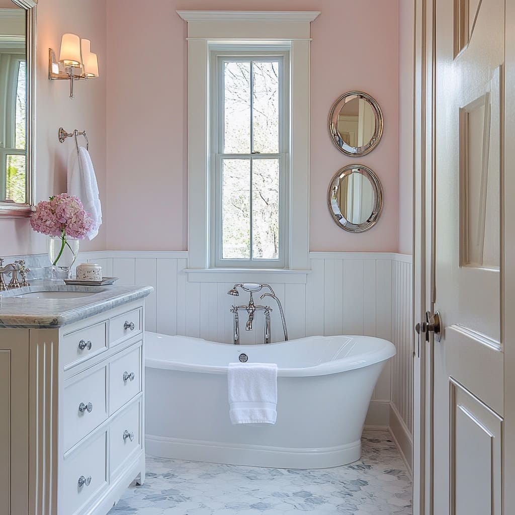 A charming bathroom leans into classic Victorian influences with a soft pink color palette, beadboard wainscoting, and vintage fixtures