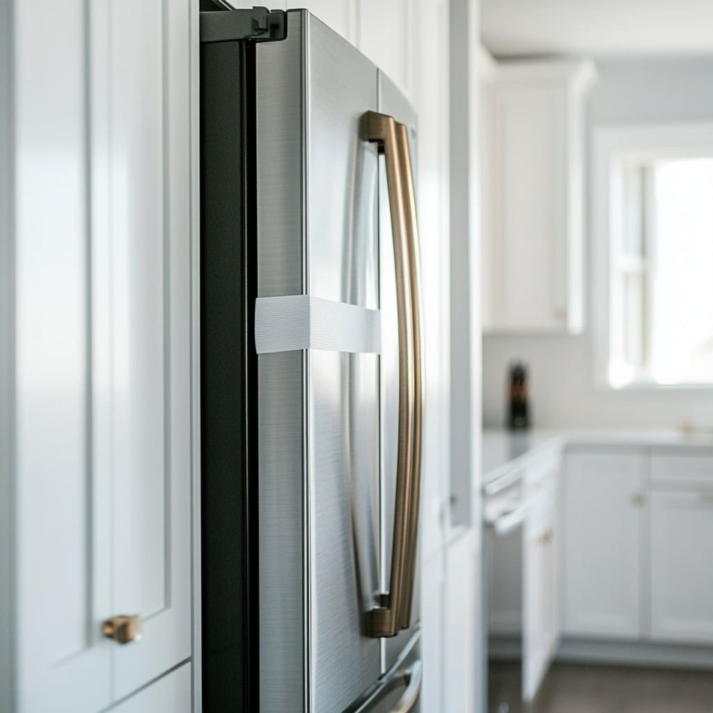 A close-up of a refrigerator with its doors taped shut using paper tape