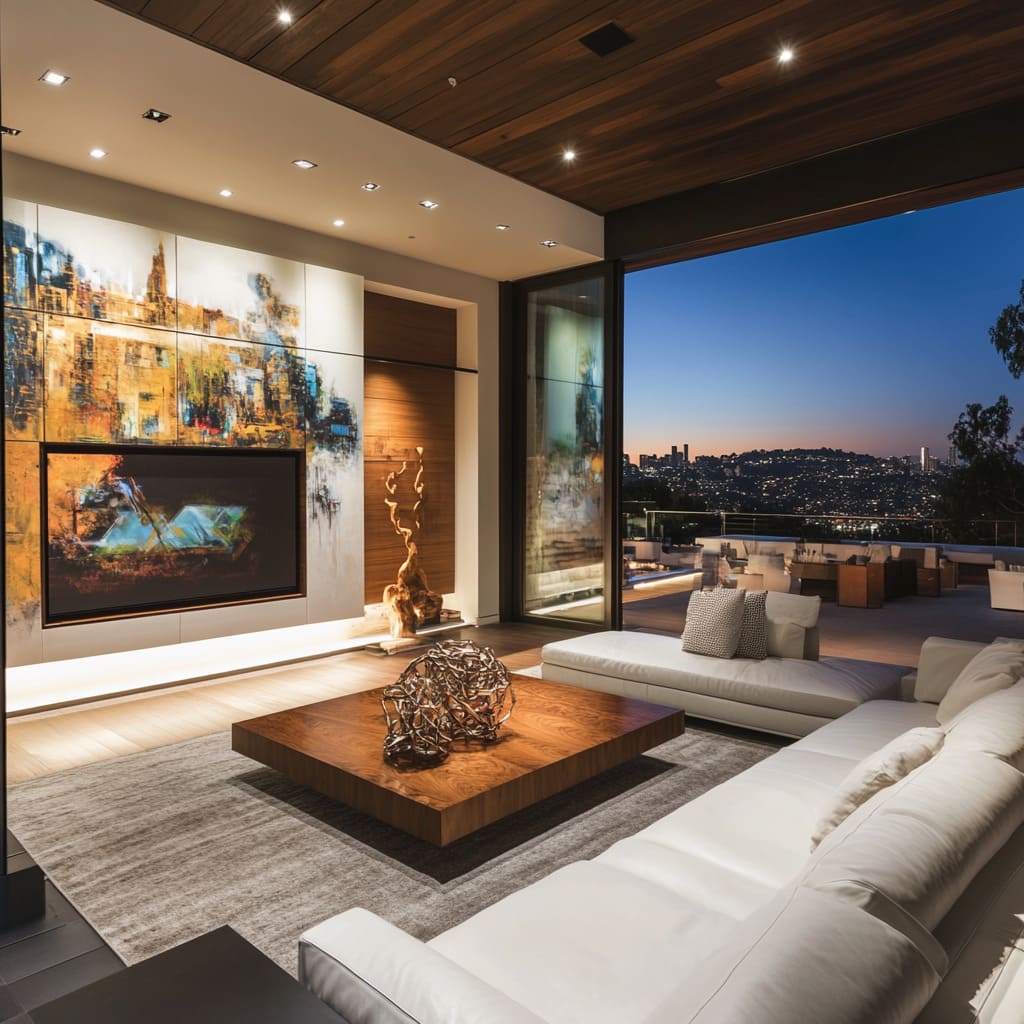 A contemporary living room with a stunning open layout and floor-to-ceiling glass doors leading to a terrace with a view of the city lights