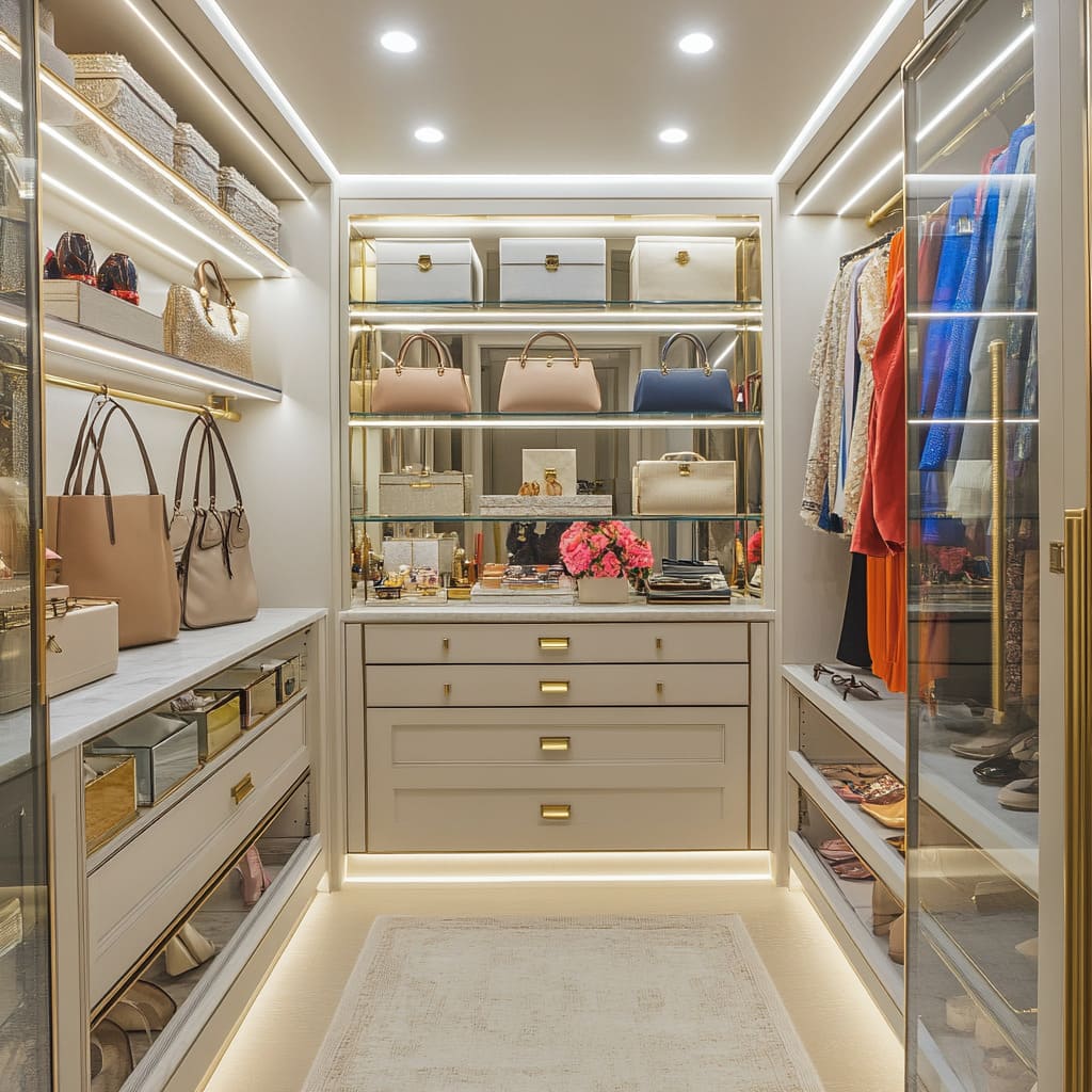 A custom walk-in closet featuring built-in shelves, glass display cases for accessories, and a central island with soft-close drawers