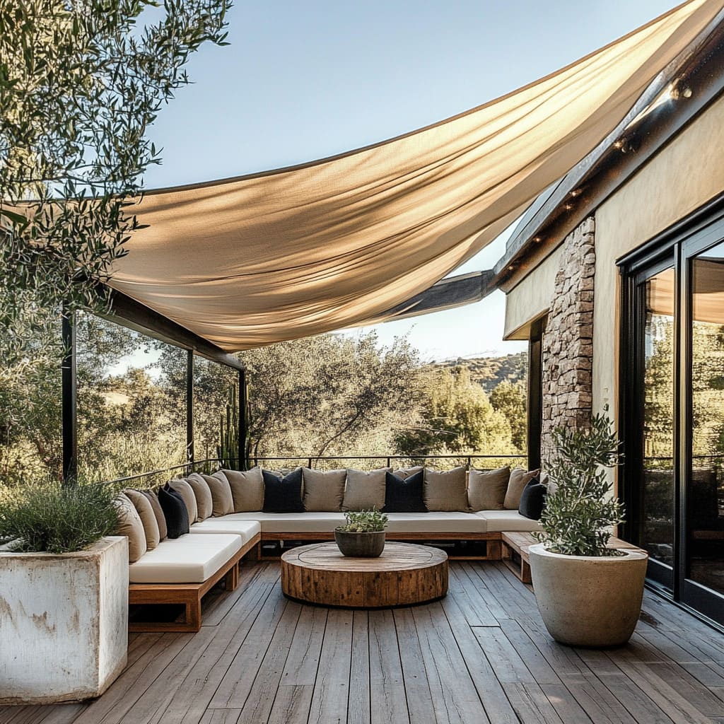 A deck captures the essence of a Mediterranean retreat, integrating natural stone, warm wood tones, and an expansive shade sail to create a rustic yet soph