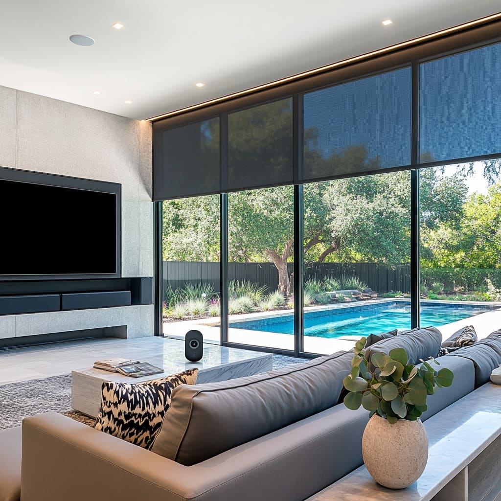 A high-tech, open-concept living room in Contemporary smart home with motorized roller blinds controlled via a smartphone app