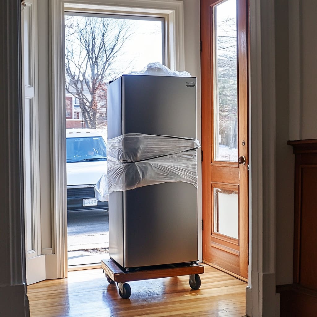 A modern professionally packed refrigerator strapped securely onto a heavy-duty appliance dolly