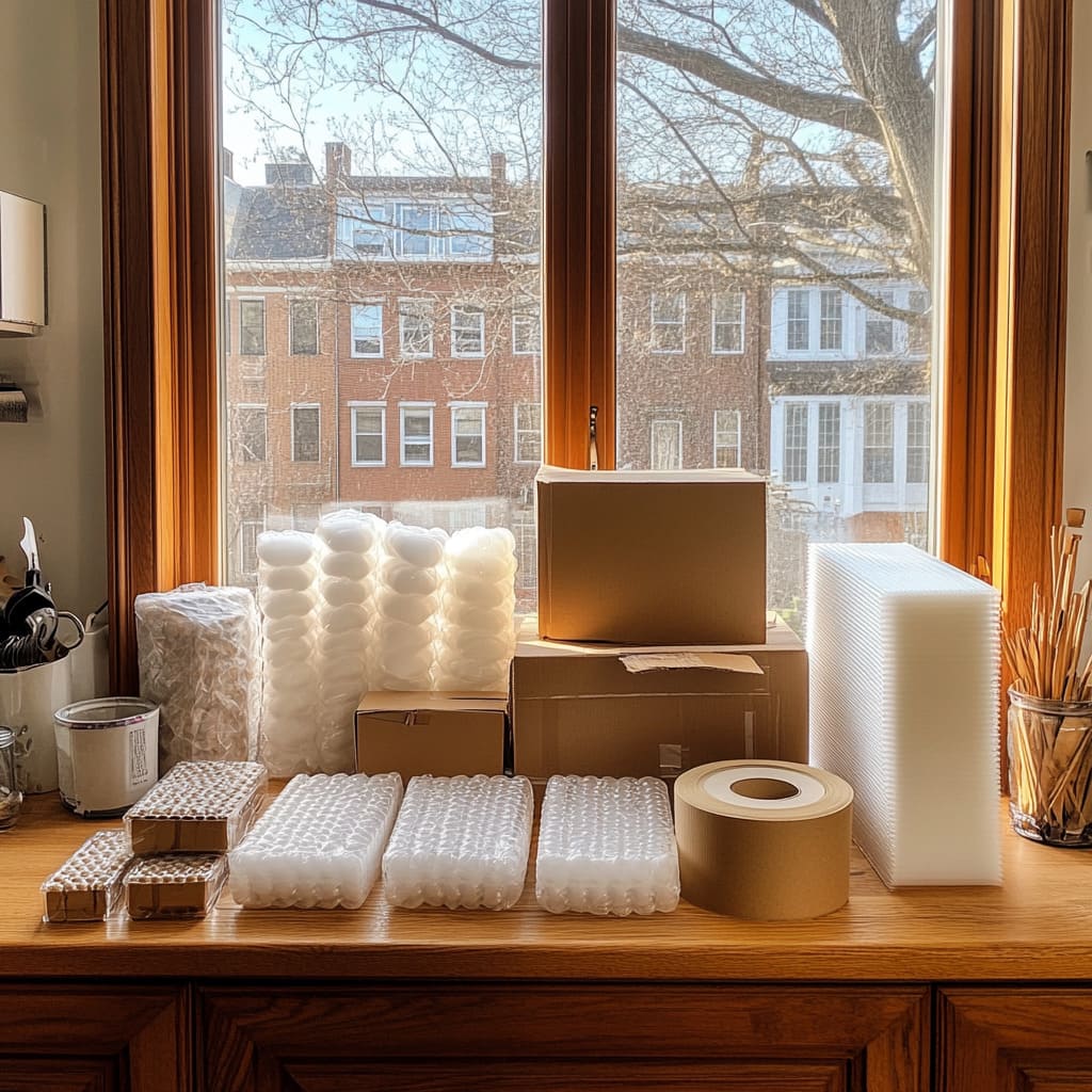 A neatly arranged set of moving supplies - bubble wrap, cardboard sheets, packing tape, foam inserts