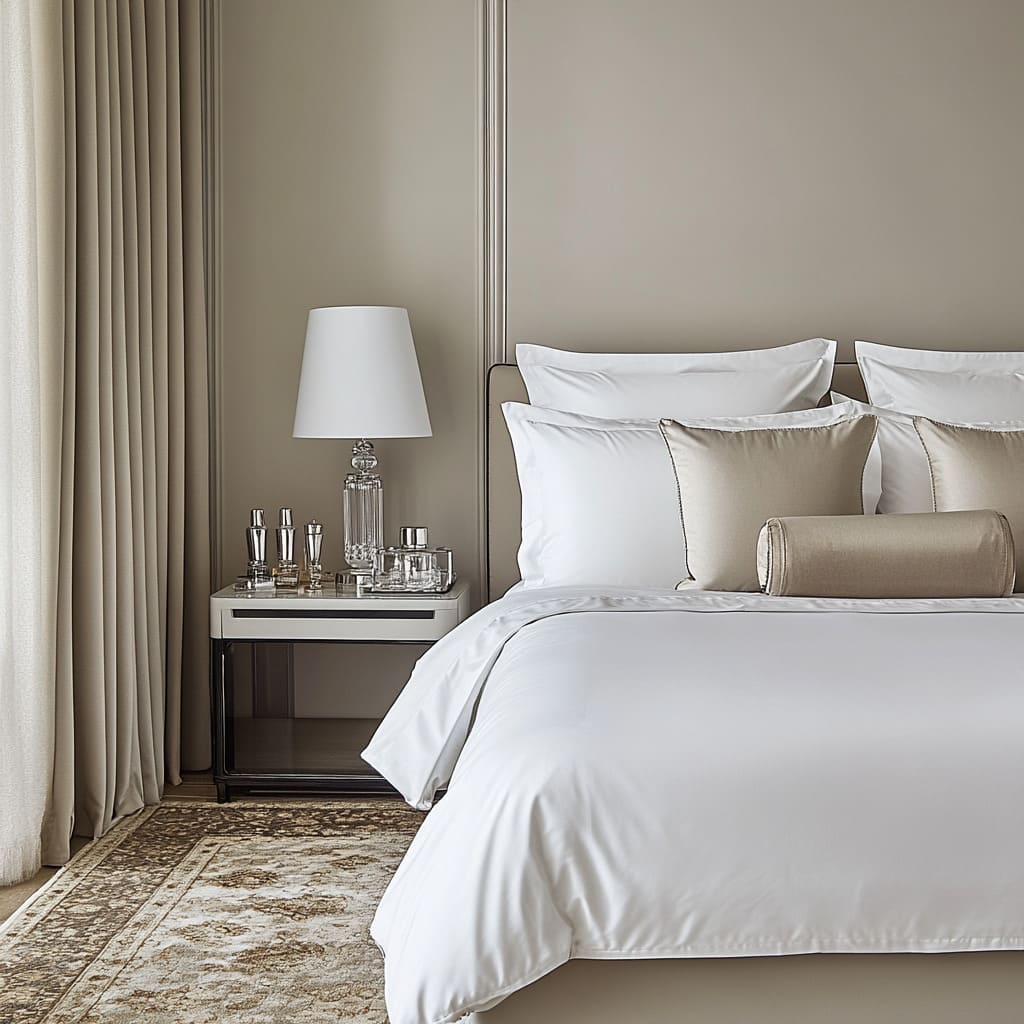 A serene master bedroom with a king-size bed dressed in crisp, high-thread-count white linens, complemented by soft beige or gray pillows arranged symmetrically