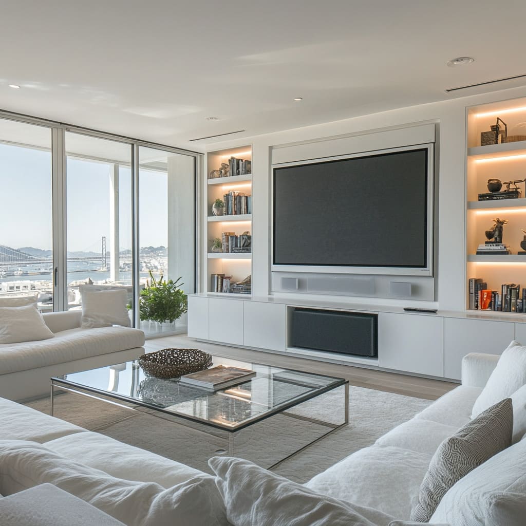 A sleek and tech-forward penthouse, where a motorized TV lift is built into a floating media console that can be controlled via voice command or a smartphone app