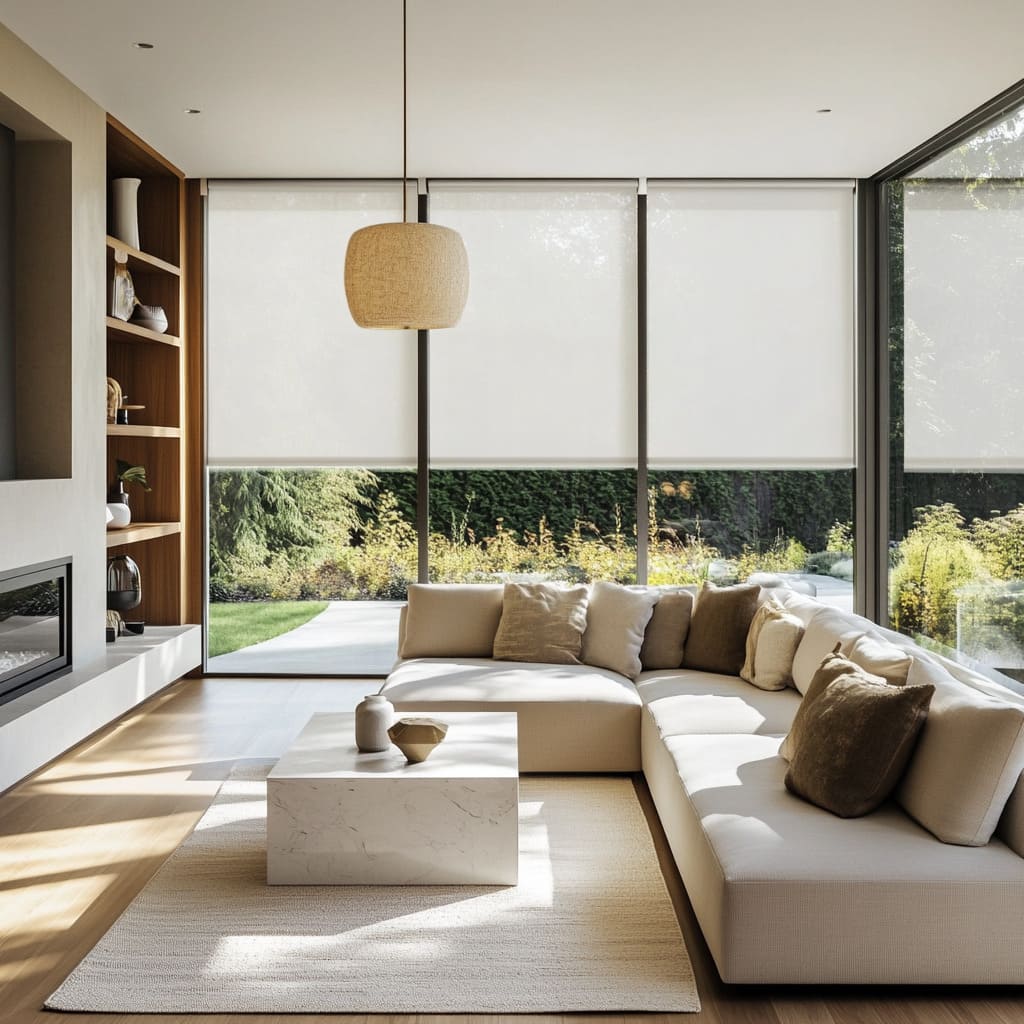 A spacious living room with floor-to-ceiling windows adorned with white roller blinds that blend seamlessly into the minimalist decor