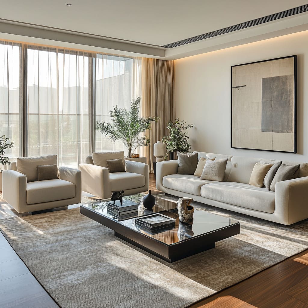 A spacious, modern living room in Dubai with a neutral color palette, plush seating, and sleek furniture pieces arranged in a balanced composition.