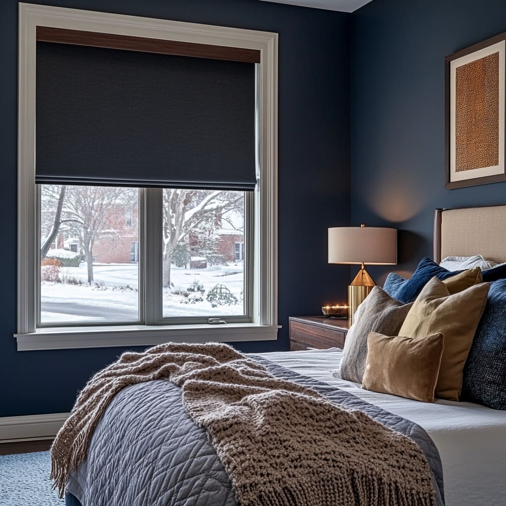 A warm, inviting bedroom in Craftsman-style suburban home with dark gray blackout roller blinds fully covering a large bay window