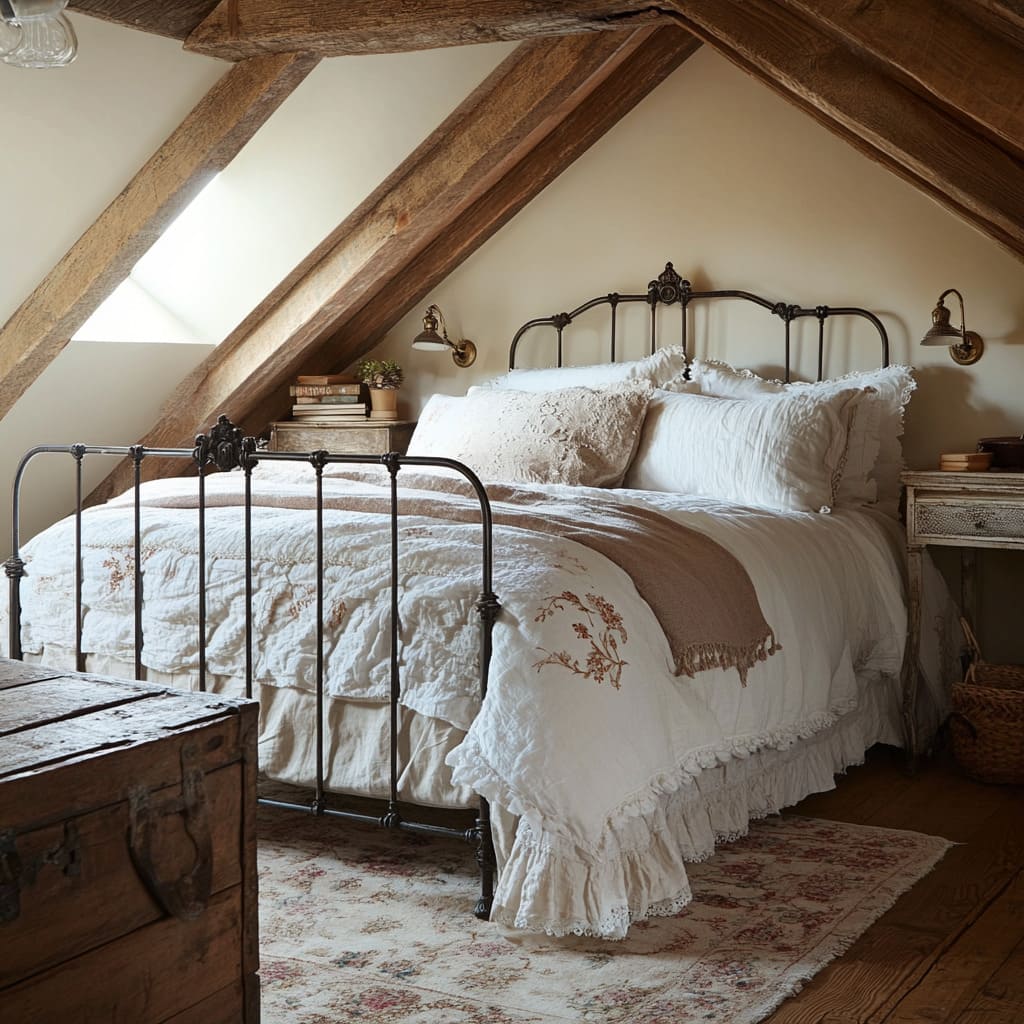 Nestled in an attic space, this bedroom embraces raw, natural beauty with its exposed wooden beams, vintage metal bed frame, and earthy color palette