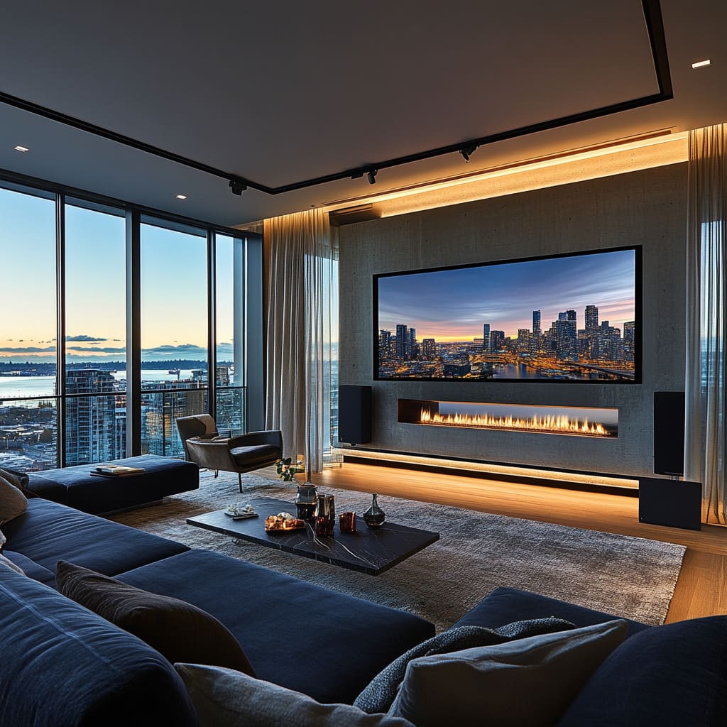 The 90-inch OLED screen descends smoothly from a recessed ceiling compartment, supported by a customized scissor-lift mechanism