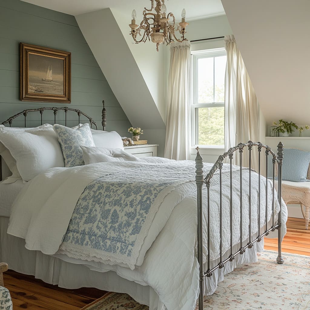 The delicate wrought iron bed, featuring turned finials and decorative scrollwork, brings a vintage character