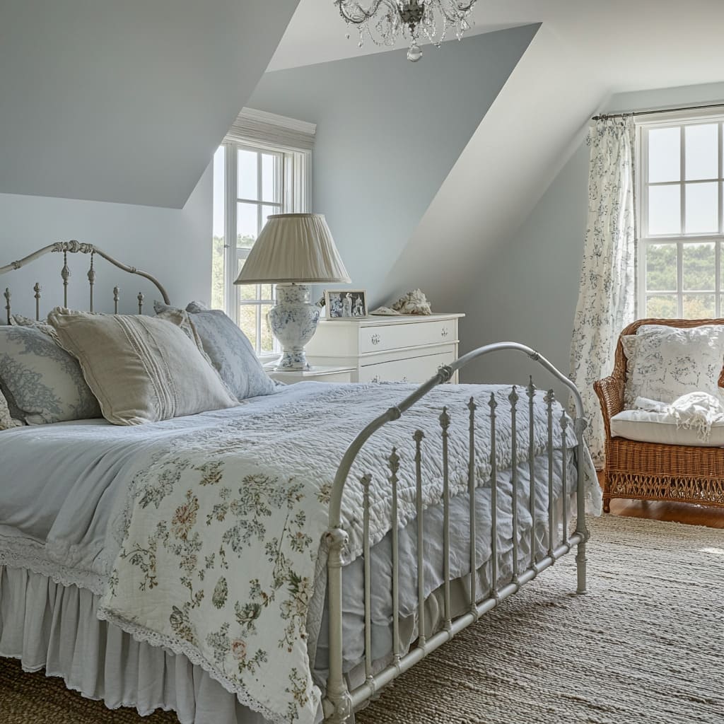 The subtle blue wall color complements the natural daylight filtering through the windows, creating a fresh yet cozy atmosphere