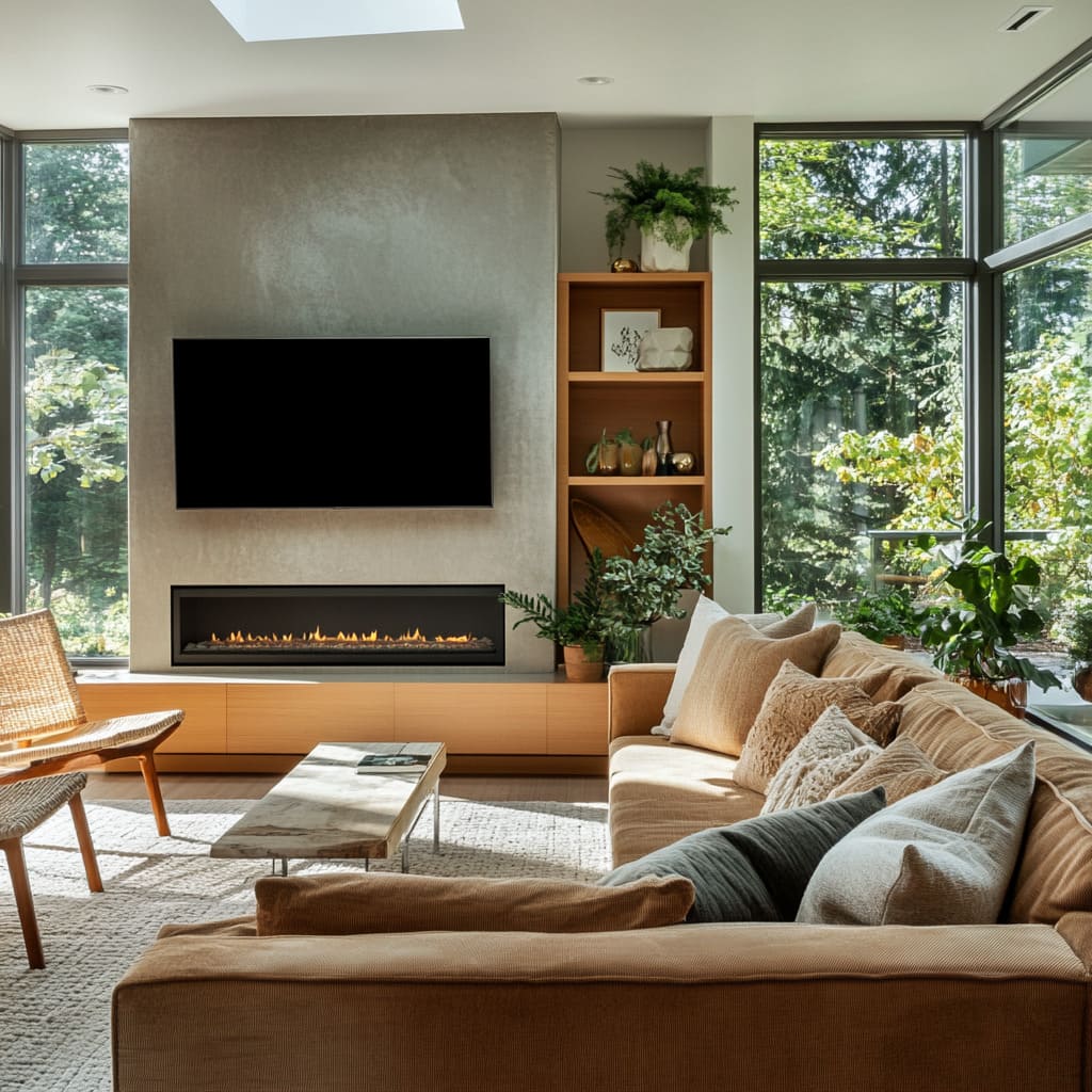 A Compact Great Room with Plant-Layered Shelving and Lustrous Fireplace Wall A Compact Great Room with Plant-Layered Shelving and Lustrous Fireplace Wall