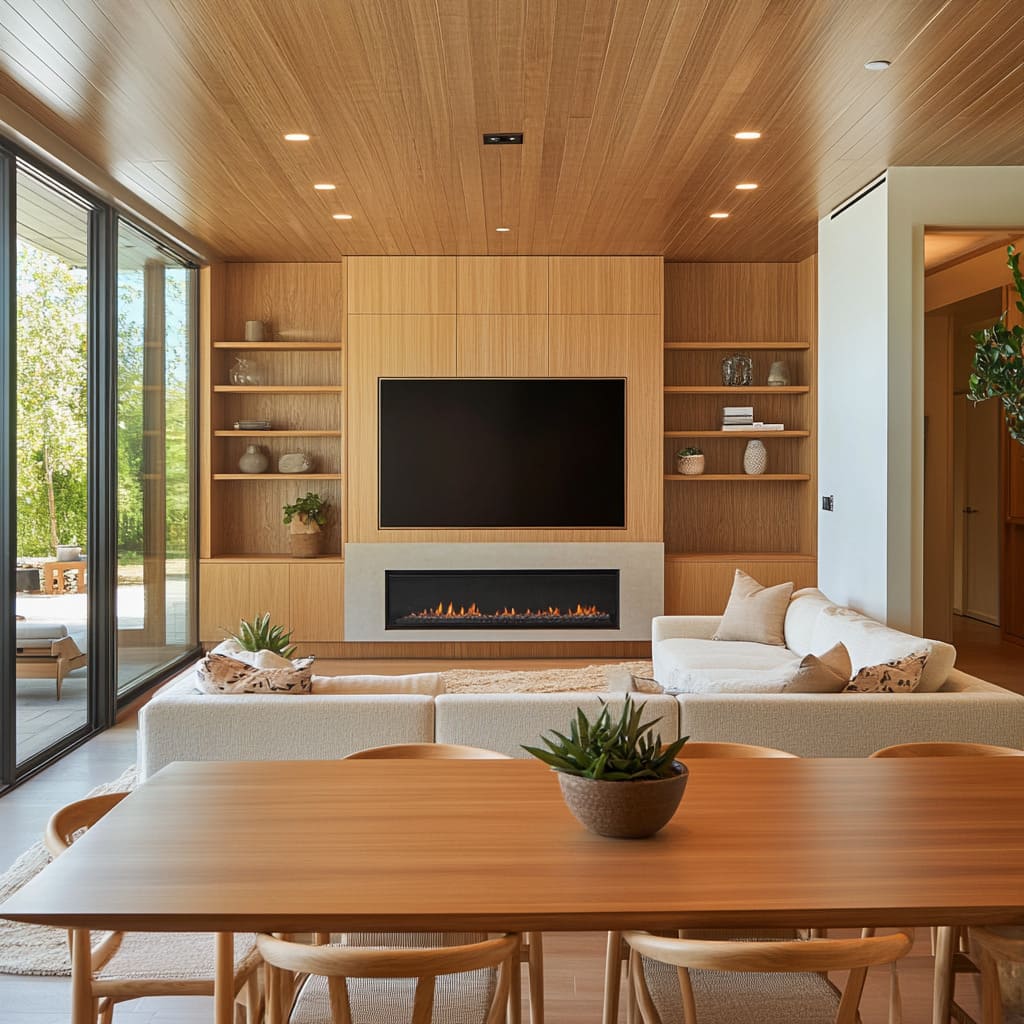 A Great Room with TV Wall and Horizontal Warm Wood Paneling A Great Room with TV Wall and Horizontal Warm Wood Paneling