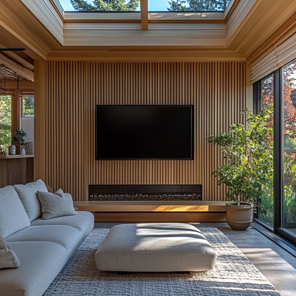 A Living Room with TV Wall Between Vertical Slats and Garden Views A Living Room with TV Wall Between Vertical Slats and Garden Views