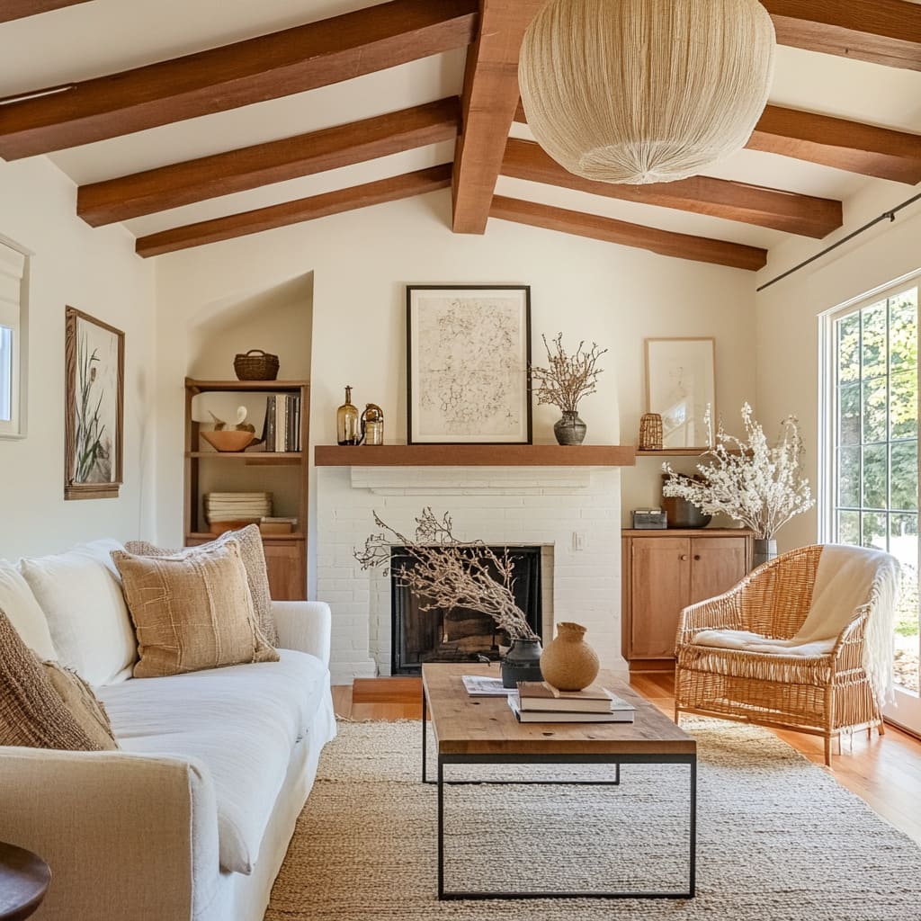 A Small Great Room with Soft Organic Accents and Wooden Beams A Small Great Room with Soft Organic Accents and Wooden Beams