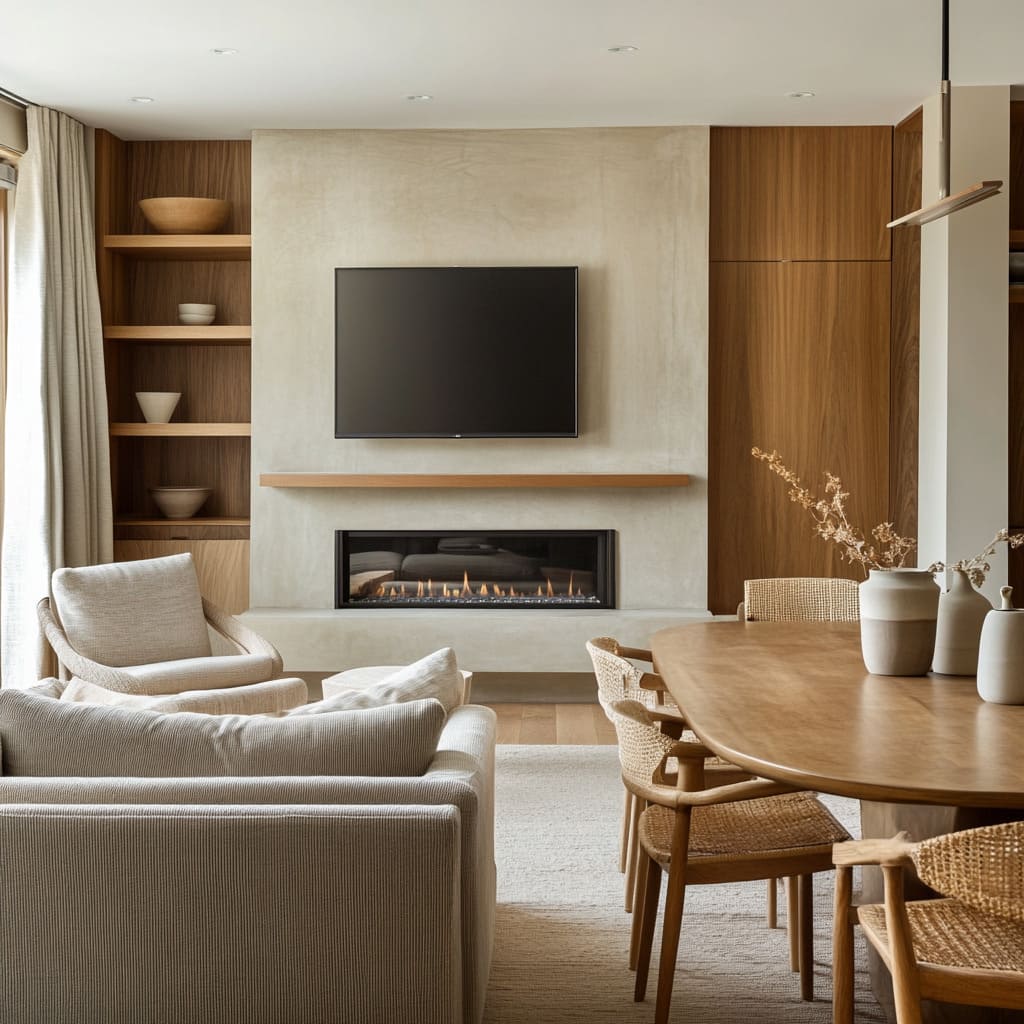 A Stylish Living-Dining Combo with Softened Edges and Asymmetrical Styling A Stylish Living-Dining Combo with Softened Edges and Asymmetrical Styling