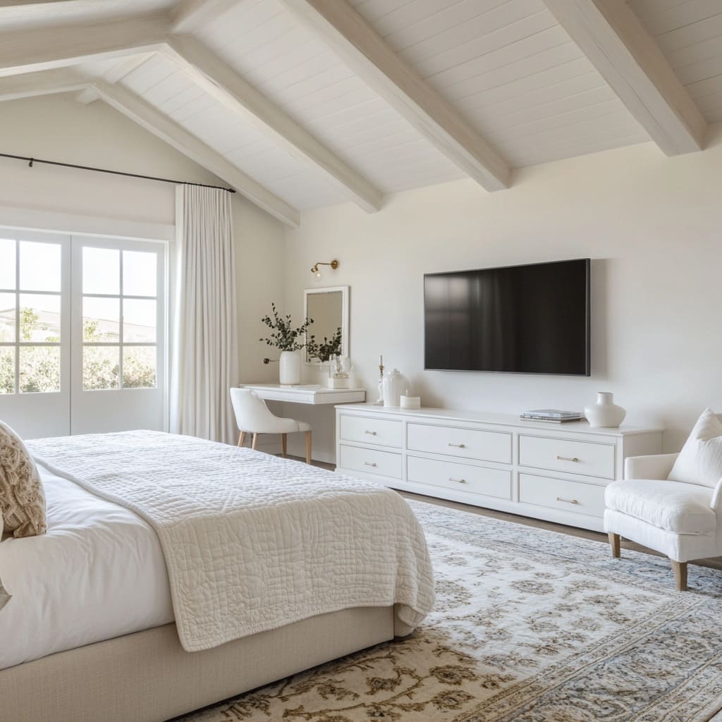 A Transitional Ranch-style home hosts a white-on-white master bedroom that merges minimalist principles with elegant vintage decor and an exquisite
