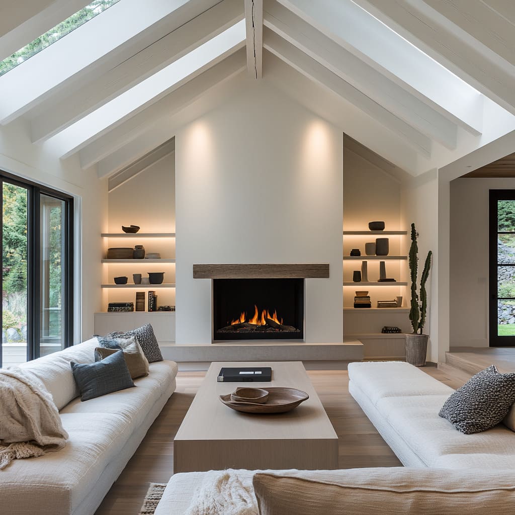 A Vaulted Great Room with Sculptural Monochrome Elements and Skylights A Vaulted Great Room with Sculptural Monochrome Elements and Skylights