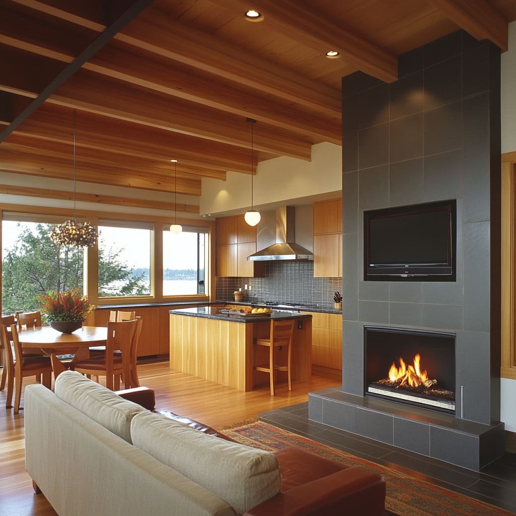 A combined living-kitchen space is saturated in Pacific Northwest warmth, particularly through the expressive use of wood A combined living-kitchen space is saturated in Pacific Northwest warmth, particularly through the expressive use of wood