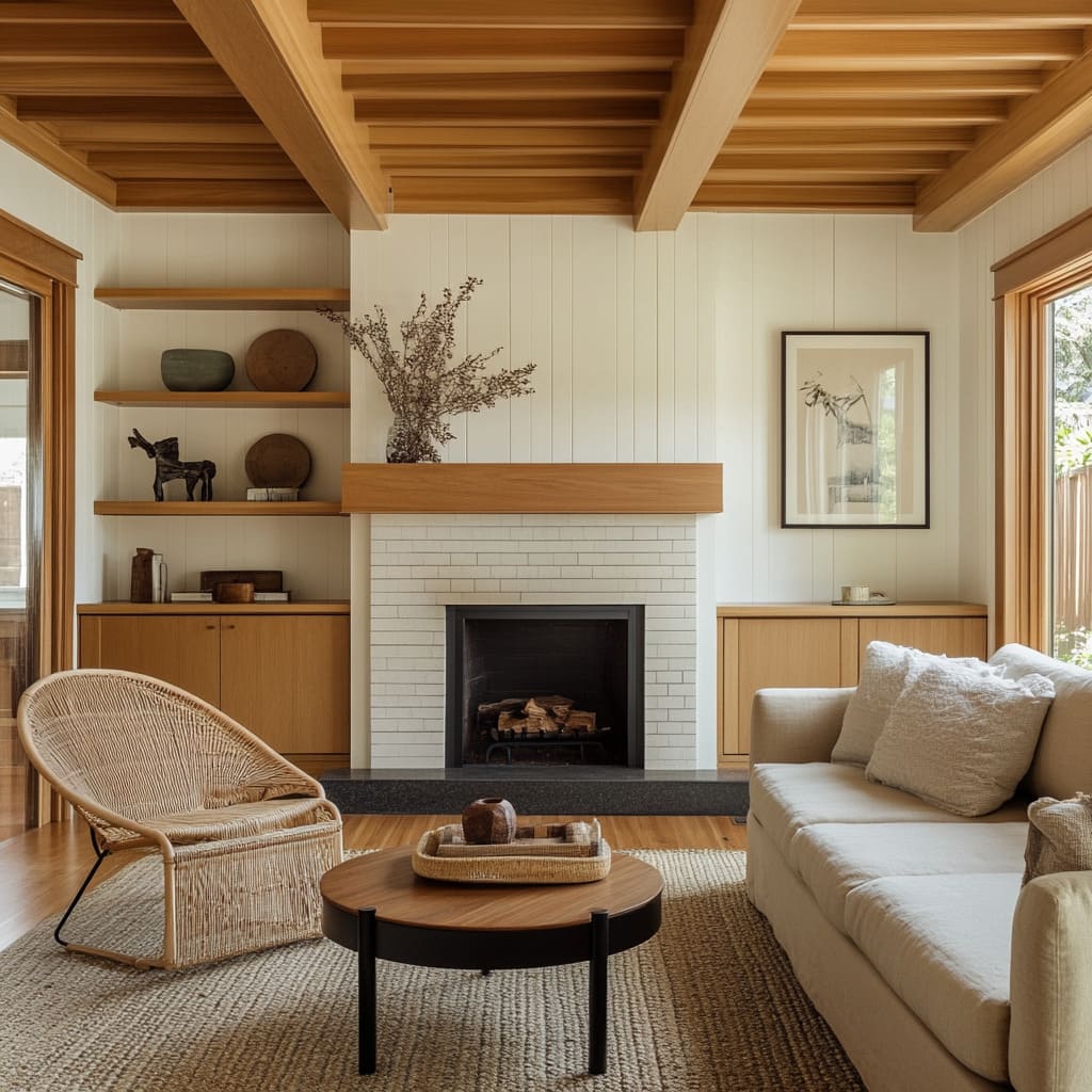 A fireplace is encased in clean white painted brick and framed with a thick natural wood mantel, wide enough to hold a low-profile floral A fireplace is encased in clean white painted brick and framed with a thick natural wood mantel, wide enough to hold a low-profile floral