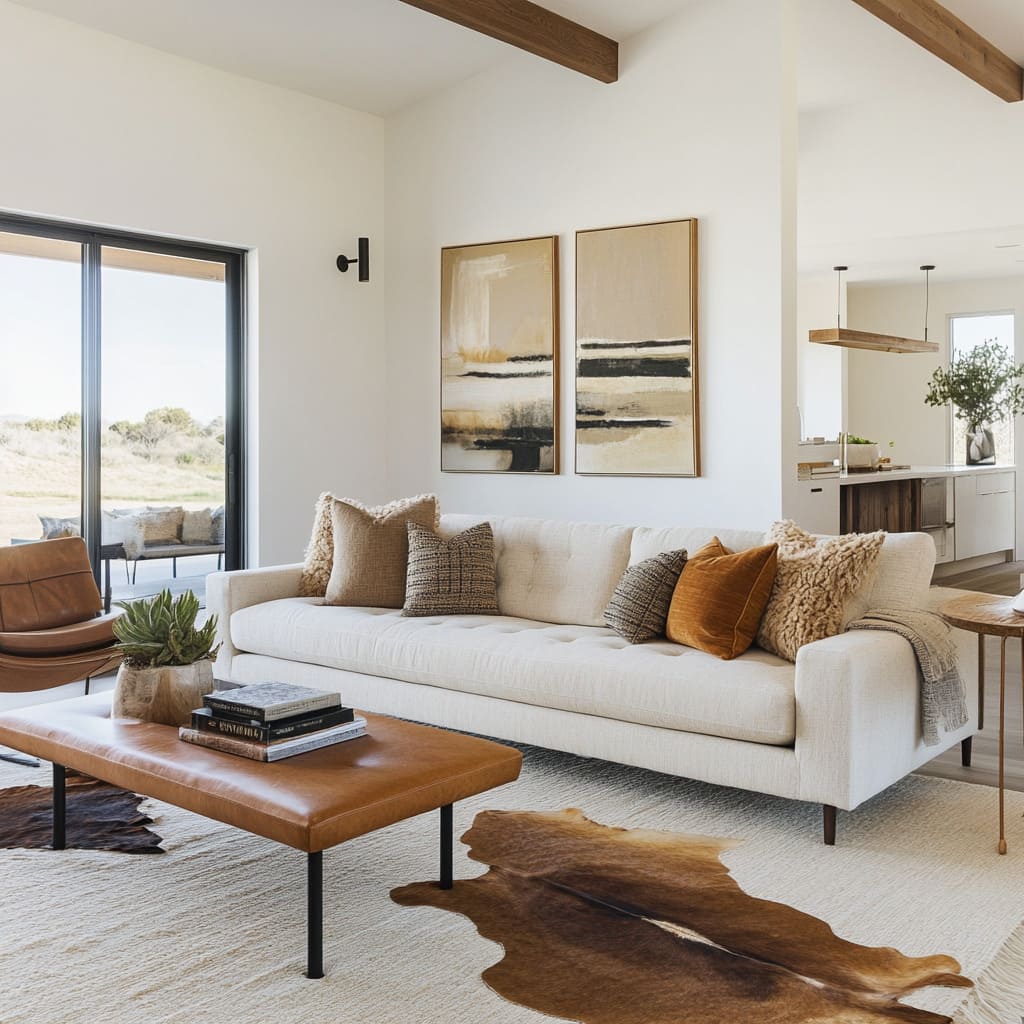 A flat-woven rug in pale ivory defines the area but steps aside visually, letting the cowhide rug layered over it make the real statement