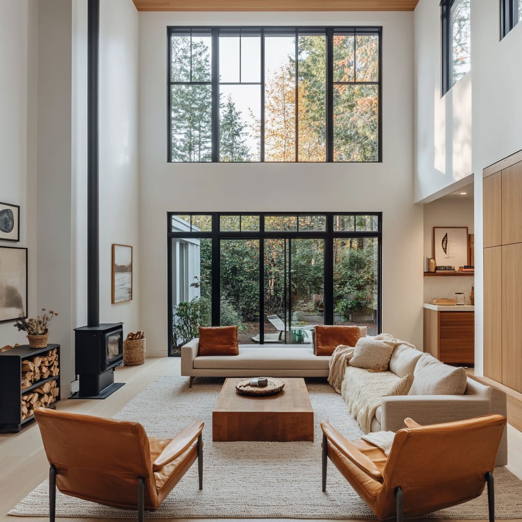 A front room leverages scale as a design strategy, anchored by a double-height volume and expansive black-trimmed windows A front room leverages scale as a design strategy, anchored by a double-height volume and expansive black-trimmed windows