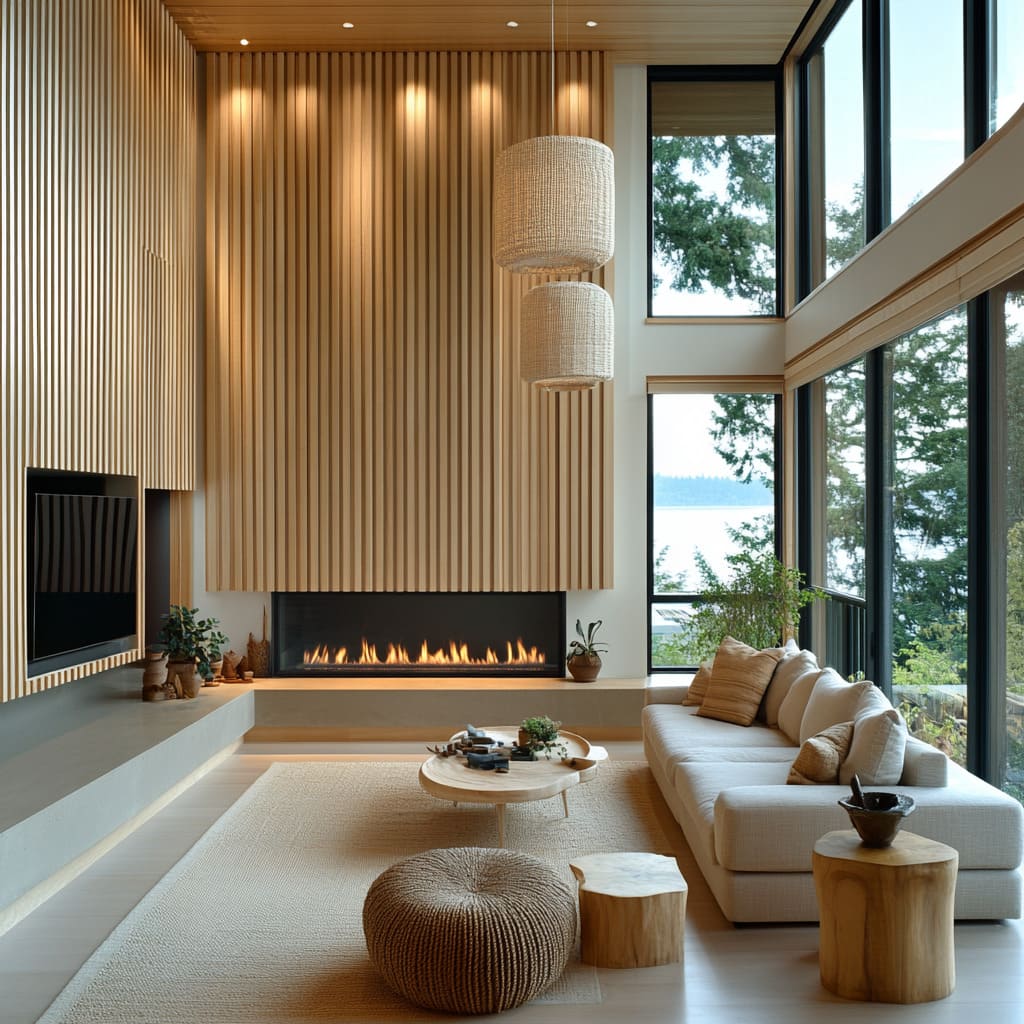 A full-height accent wall made of tightly spaced vertical oak slats becomes the backbone of the room A full-height accent wall made of tightly spaced vertical oak slats becomes the backbone of the room