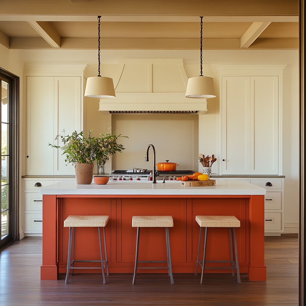 Burnt Sienna Island with Off-White Wall Cabinets in a Warm Mediterranean-Inspired Kitchen