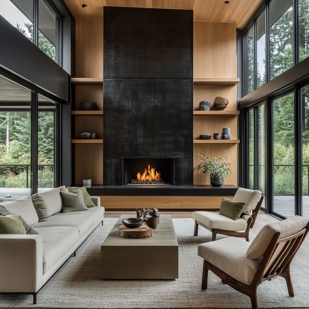 Double-Height Living Room with Charred Steel Fireplace and Oak Cladding Double-Height Living Room with Charred Steel Fireplace and Oak Cladding