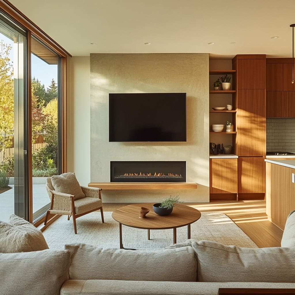 Minimalist Fireplace with Thin Wood Mantel in Light-Flooded Great Room Minimalist Fireplace with Thin Wood Mantel in Light-Flooded Great Room