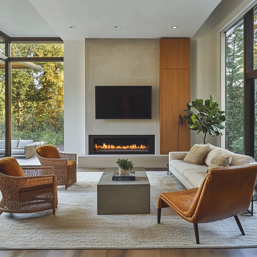 Modernist Living Room with Soft Minimal Palette and Low-Profile Arrangement Modernist Living Room with Soft Minimal Palette and Low-Profile Arrangement