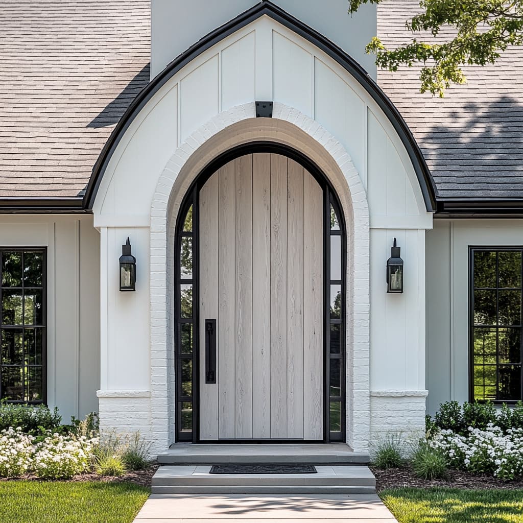 Narrow glass panes, on the sides of the arch, is framed in blackened steel and frosted for privacy