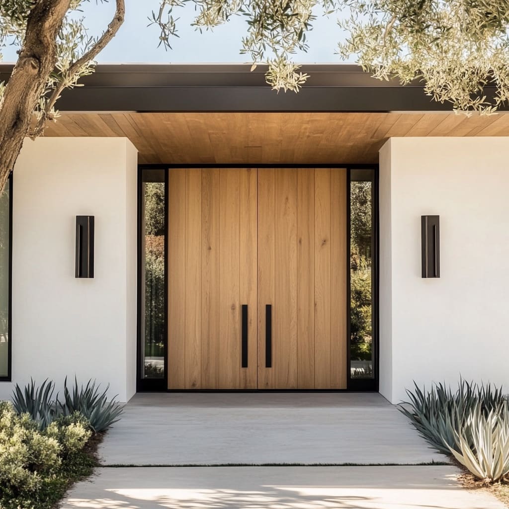 Natural oak double doors with vertical grain and black hardware are paired with slim glass panels and a recessed wood-clad entry