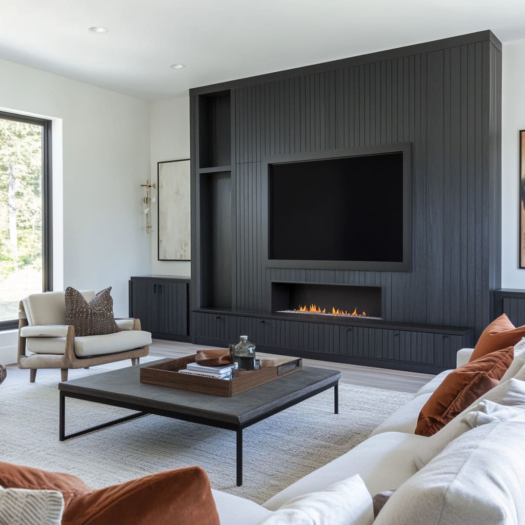 Painted in an ultra-matte finish, the wood paneling creates subtle shadows across each vertical groove Painted in an ultra-matte finish, the wood paneling creates subtle shadows across each vertical groove